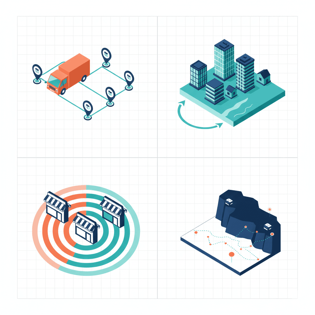 Four key use cases for online mapping services: logistics route optimization, real estate coastal analysis, retail demographic mapping, and environmental monitoring