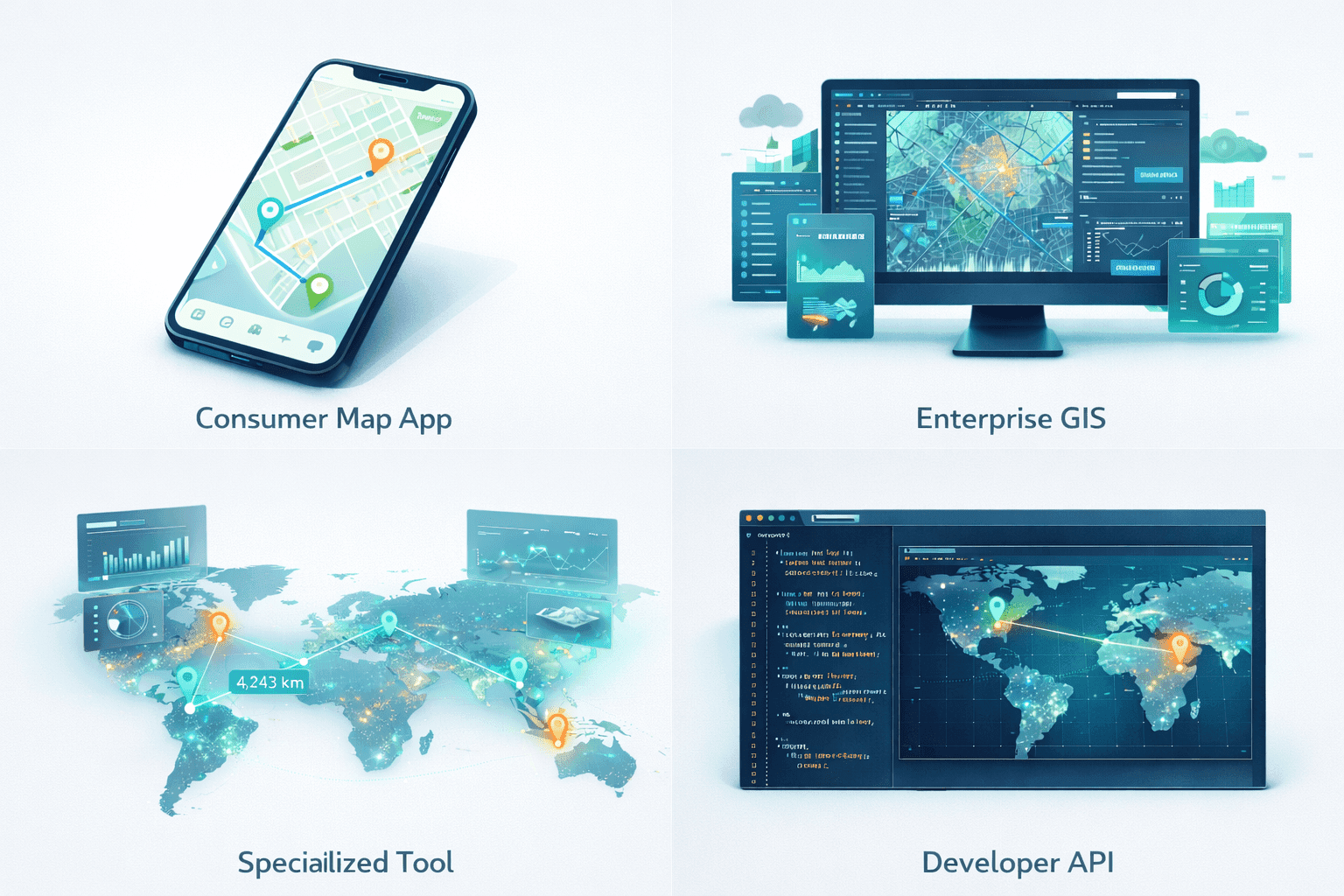 Comparison of four types of online mapping services: consumer platforms, enterprise GIS, specialized tools, and developer APIs
